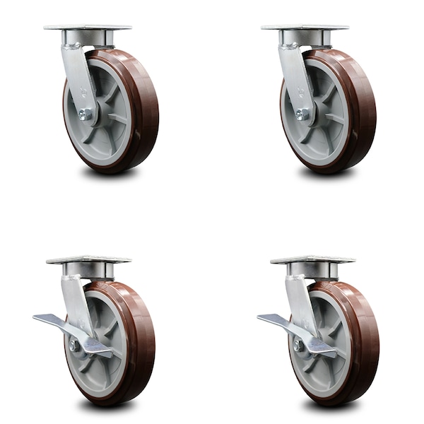 8 Inch Kingpinless Poly on Polyolefin Wheel Swivel Caster Set with 2 Brakes SCC